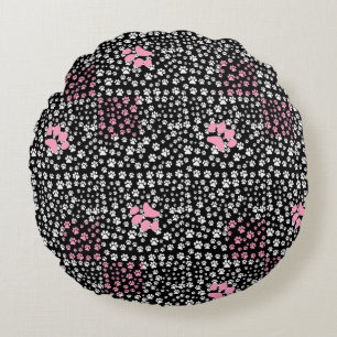 Paws print pattern NS 01b. Black BG Round Cushion
