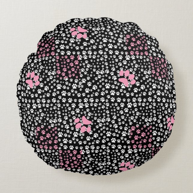Paws print pattern NS 01b. Black BG Round Cushion (Front)