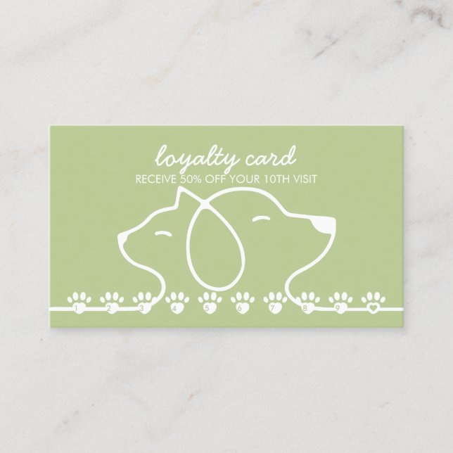 Paws Punch Discount Loyalty Green Cat Dog Business Card (Front)