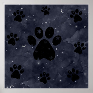 Paws Star and Crescent Moons Blue Watercolor Poster
