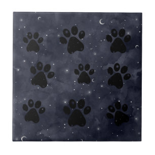 Paws Star and Crescent Moons Blue Watercolor Tile