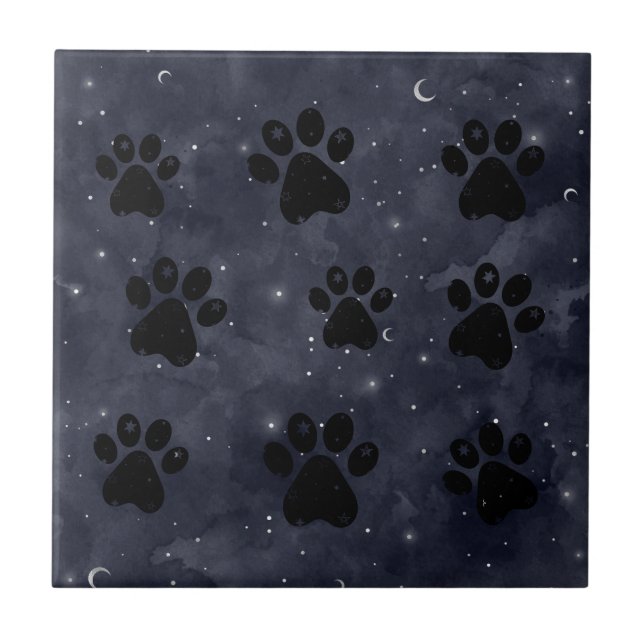 Paws Star and Crescent Moons Blue Watercolor Tile (Front)