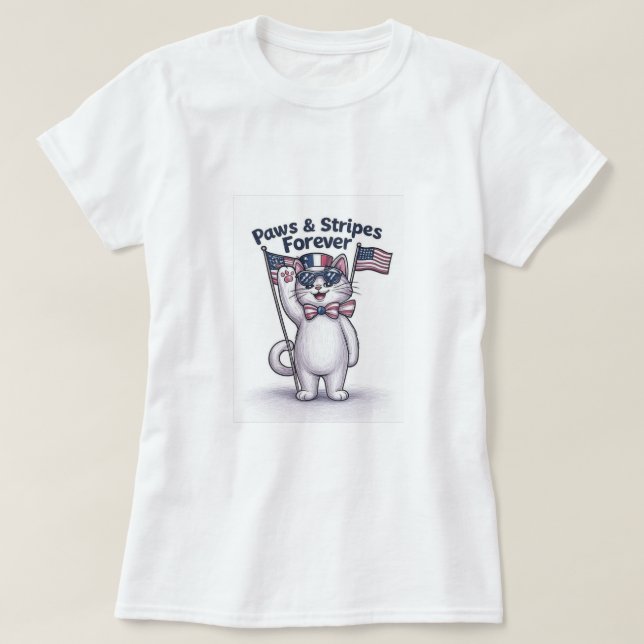 Paws & Stripes Forever – Funny Patriotic Cat T-Shirt (Design Front)