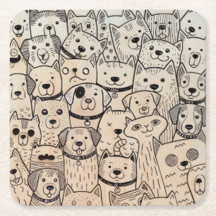 Paws Together Whimsical Crowd of Dogs and cat Square Paper Coaster