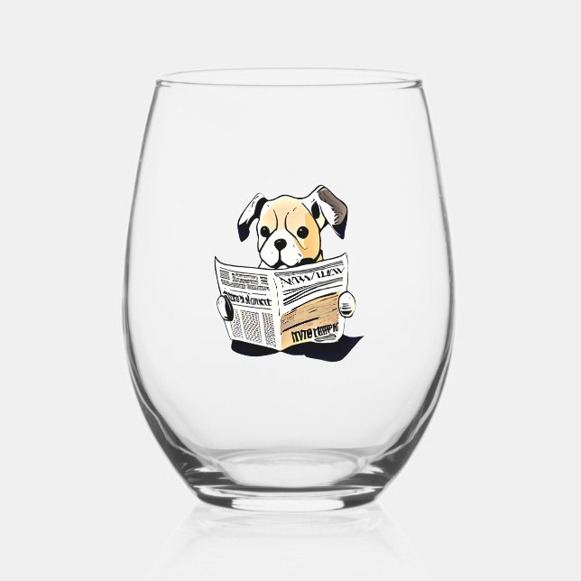 Pawsitive News Dog Reading Newspaper T-Shirt Stemless Wine Glass (Front)