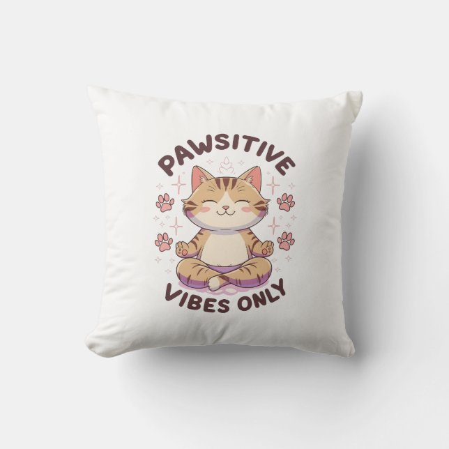 Pawsitive Vibes Only Cute Yoga Cat Design Cushion (Front)