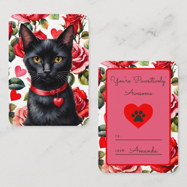 Pawsitively Awesome Black Cat Classroom Valentine Card (Front/Back)