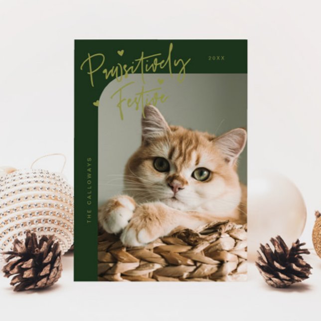 Pawsitively Festive Cat Photo Green Christmas Holiday Card (Creator Uploaded)