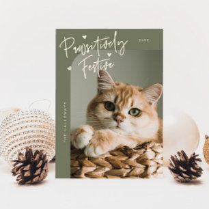 Pawsitively Festive Cat Photo Sage Green Christmas Holiday Card