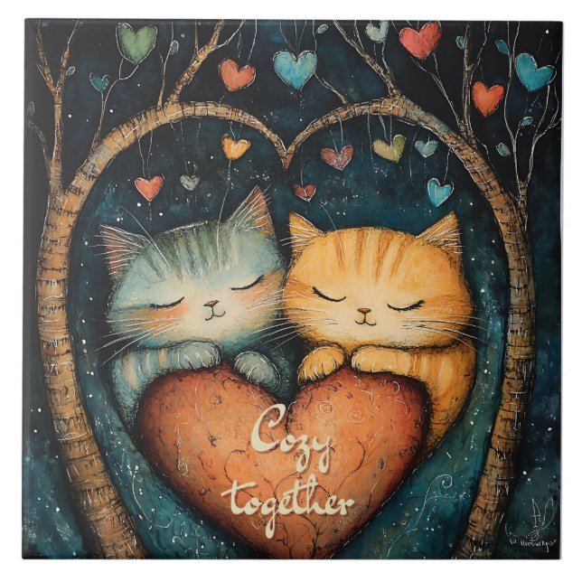 Pawsitively in Love Cosy Together Illustration  Tile (Front)