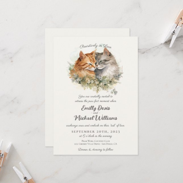 Pawsitively in Love Romantic Cat Couple Wedding Invitation (Front/Back In Situ)