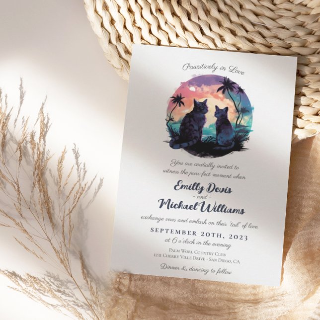 Pawsitively in Love Sunset Romantic Cats Wedding Invitation (Creator Uploaded)