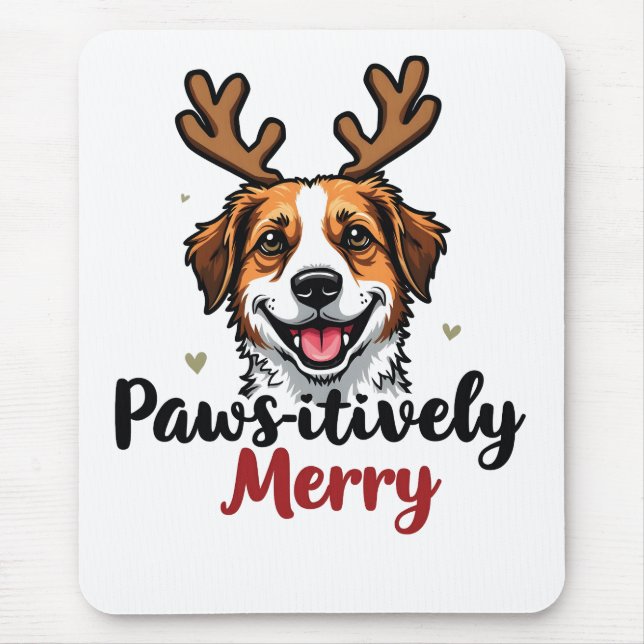 Pawsitively Merry Funny Christmas Dog Reindeer   Mouse Mat (Front)
