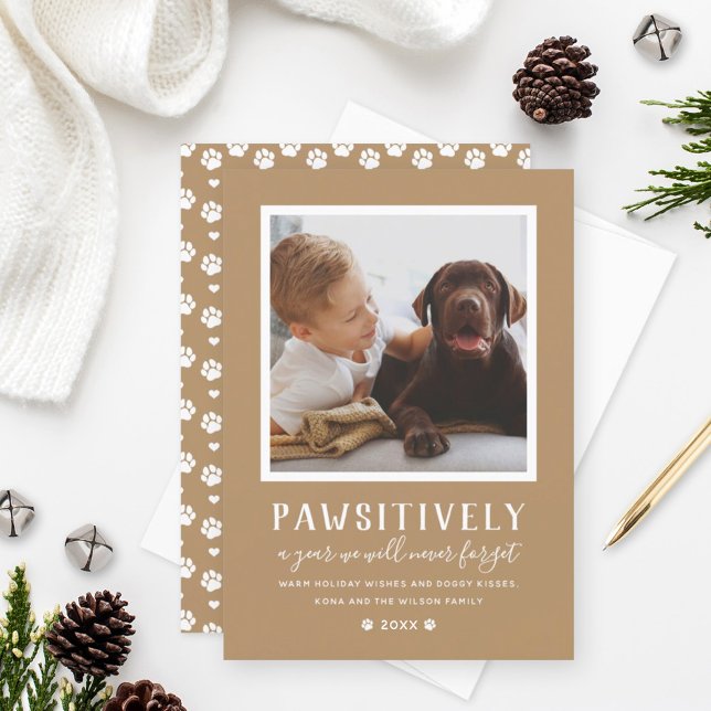 Pawsitively Pet Photo Paw Prints Warm Tan Holiday Card (Creator Uploaded)