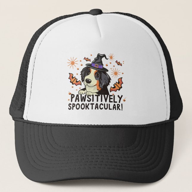 Pawsitively Spooktacular! - Halloween Bernese Dog Trucker Hat (Front)