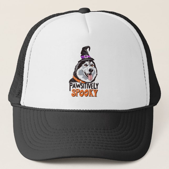 Pawsitively Spooky Watercolor Halloween Husky Dog Trucker Hat (Front)