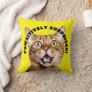 PAWSITIVELY SURPRISED! Funny Crazy Cat Yellow Cushion