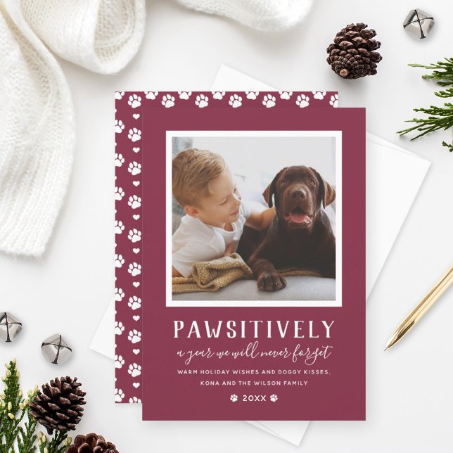 Pawsitively Unforgettable Year Burgundy Dog Photo Holiday Card (Creator Uploaded)