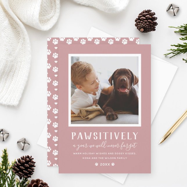 Pawsitively Unforgettable Year Pink Pet Photo Holiday Card (Creator Uploaded)