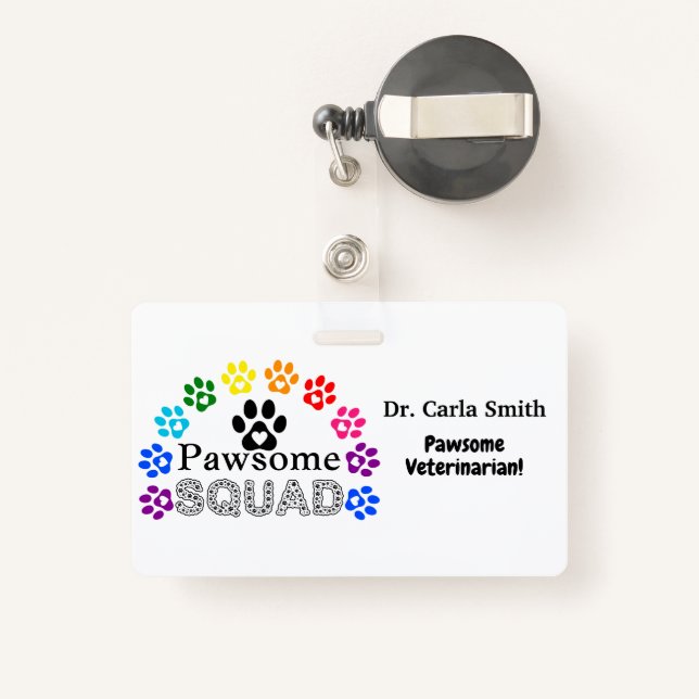 Pawsome Veterinarian Custom Name - Horizontal ID Badge (Back with Retractable)