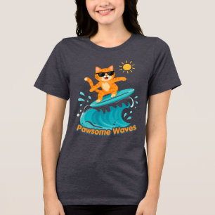 Pawsome Waves Surfing Ginger Cat with Sunglasses Tri-Blend Shirt