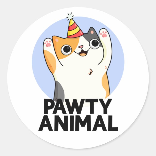 Pawty Animal Funny Party Cat Pun  Classic Round Sticker (Front)