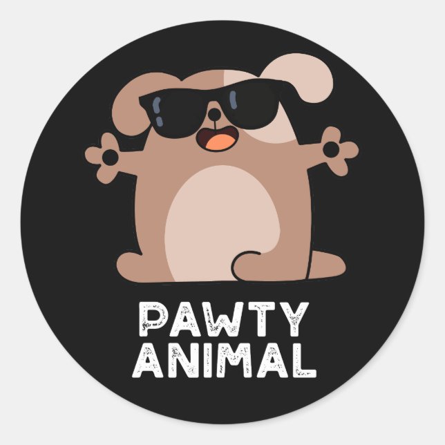 Pawty Animal Funny Party Dog Pun Dark BG Classic Round Sticker (Front)