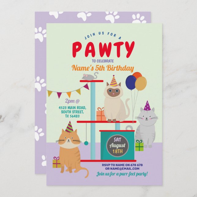 Pawty Birthday Cat Kitten Paw Fun Purple Invitation (Front/Back)