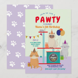 Pawty Birthday Cat Kitten Paw Fun Purple Invitation