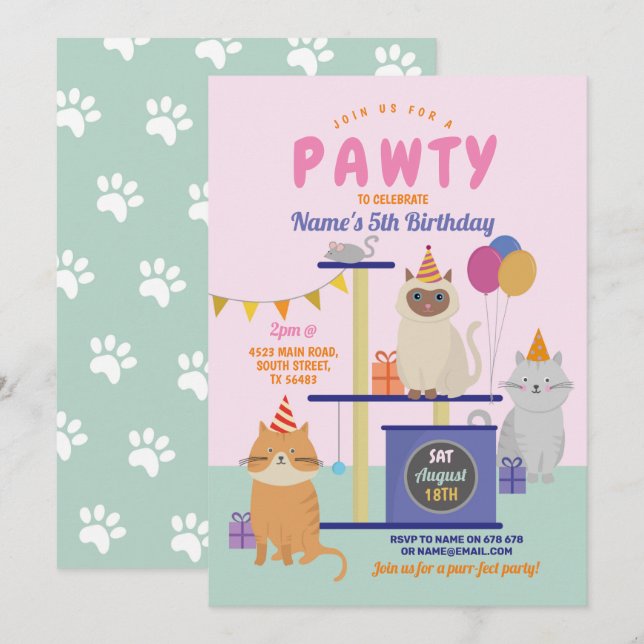 Pawty Birthday Cat Kitten Paw Girls Fun Invitation (Front/Back)