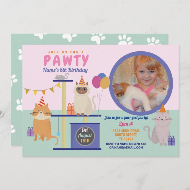 Pawty Birthday Cat Kitten Paw Girls Fun Photo Invitation (Front/Back)