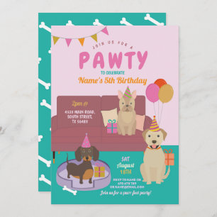 Pawty Birthday Dogs Party Puppy Fun Pink Invitation