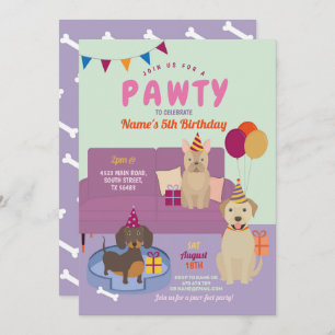 Pawty Birthday Dogs Party Puppy Fun Purple Invitation