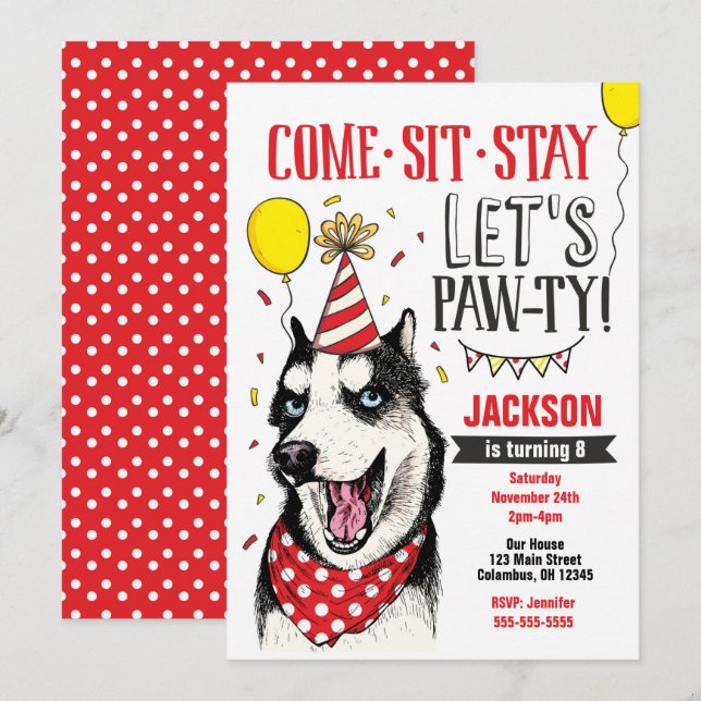 Pawty Birthday Invitation Dog Puppy Husky (Front/Back)