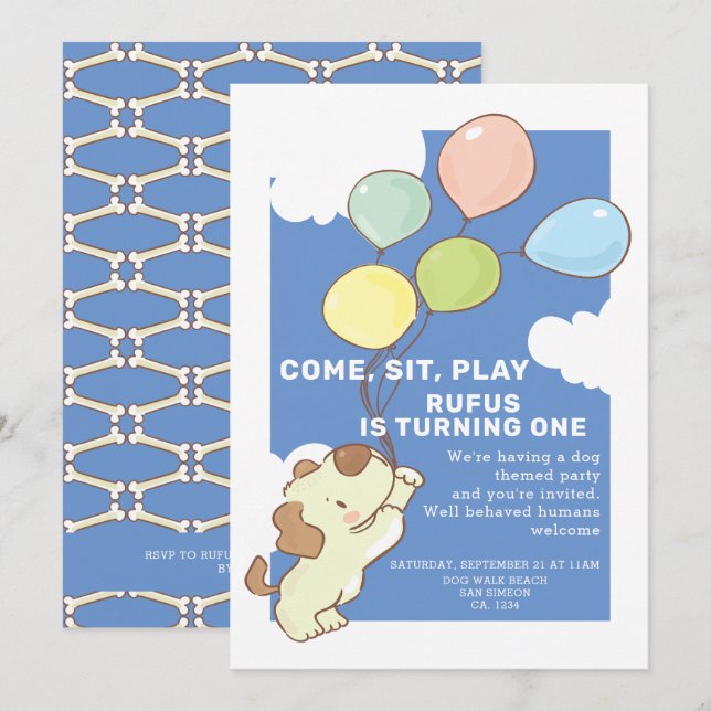 Pawty Time Dog And Balloons Birthday Invitation (Front/Back)