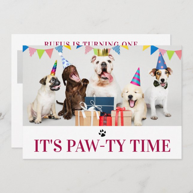 Pawty Time Dog Themed Birthday 5 Photo Card (Front/Back)