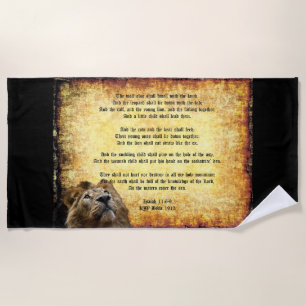 Pax Christos, Lion with Isaiah 11:6-9 Beach Towel