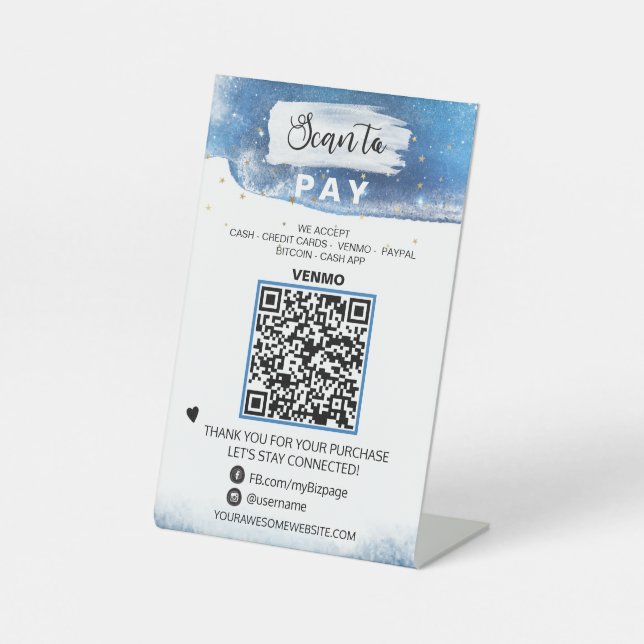 *~* PAY QR code Tabletop Table Tent  Pedestal Sign (Front)