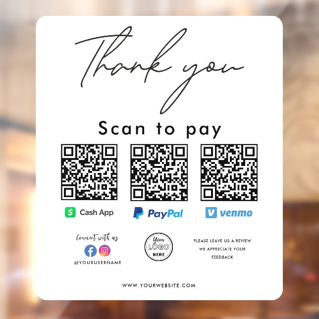 Paypal Cash App Venmo QR Code Logo Thank you Window Cling (Sheet 2)