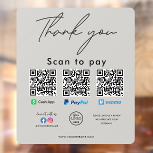 Paypal Cash App Venmo QR Code Logo Thank you Window Cling