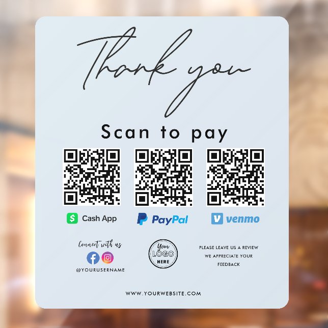Paypal Cash App Venmo QR Code Logo Thank you Window Cling (Sheet 2)