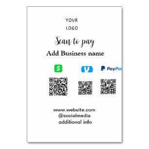 Paypal Cashapp venmo scan to pay QR add business Table Number