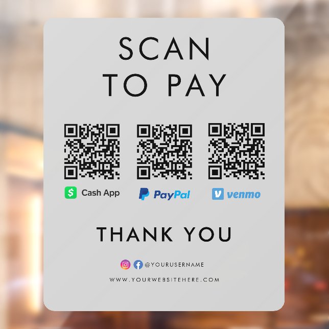 Paypal Venmo Cash App Scan to Pay QR Code Grey Window Cling (Sheet 2)