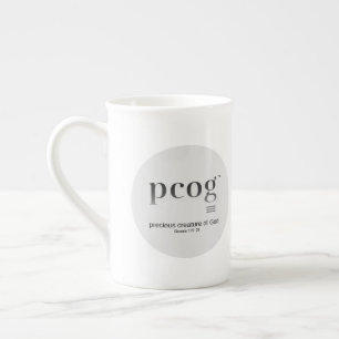 pcog acronym; round full msg; blk-white color; bone china mug