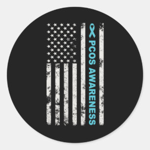 Pcos Awareness Month Teal Ribbon American Flag Men Classic Round Sticker