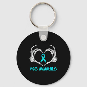 Pcos awareness skeleton hand heart ribbon teal key ring
