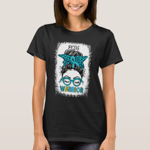 Pcos Warrior Messy Bun Teal Ribbon Leopard Support T-Shirt