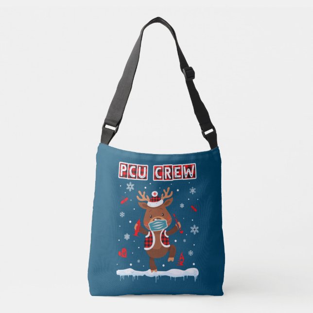 PCU Crew Buffalo Plaid Face Mask Reindeer Nurse Crossbody Bag (Front)