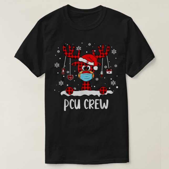 PCU Crew Buffalo Plaid Face Mask Reindeer Nurse Xm T-Shirt (Design Front)
