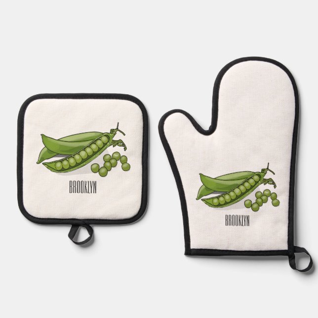 Pea cartoon illustration  oven mitt & pot holder set (Front)